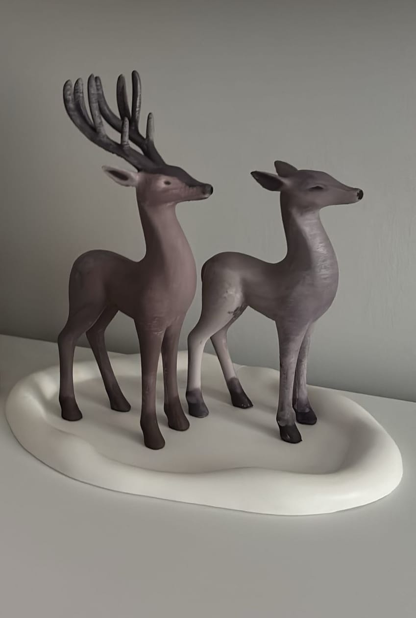 İkili Geyik Ailesi Kar Temalı Dekoratif 3D Figür