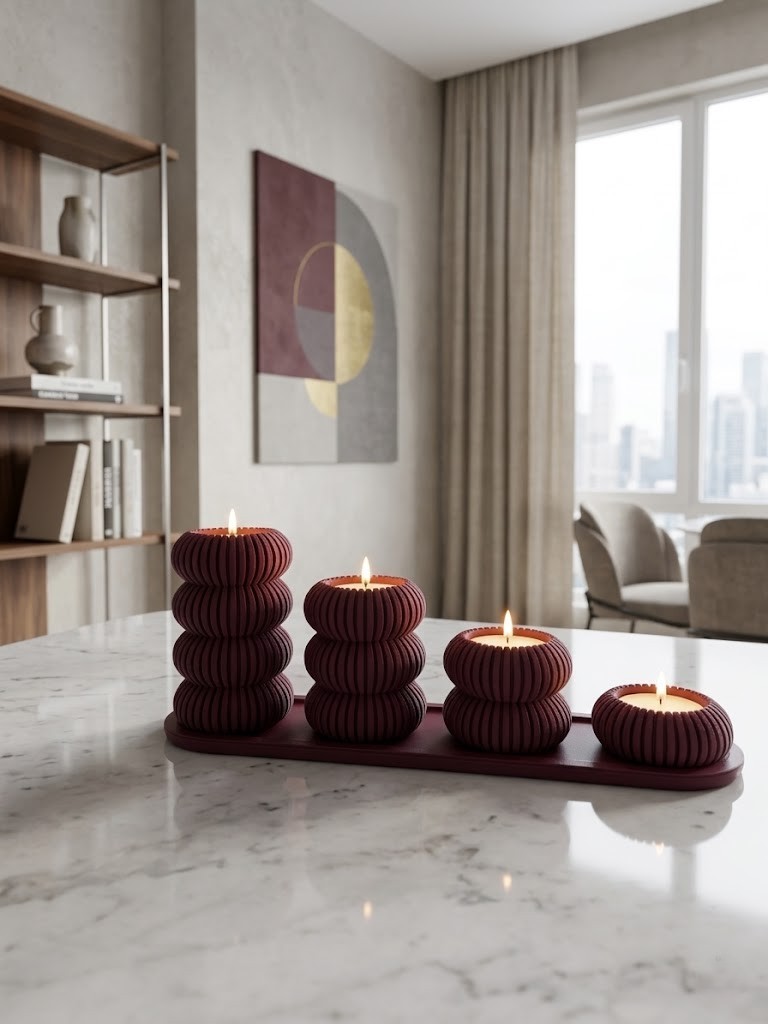 4'lü Dekoratif Modern LED Mumluk Seti - Bordo Katmanlı Tasarım